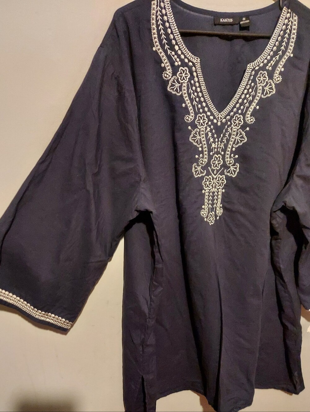 Kaktus Embroidered Boho Top 4X Blue Tunic Cotton Silk Preppy Peasant Cottagecore